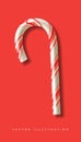 Realistic Xmas candy cane isolated on red backdrop. Top view on icon. Template for greeting card on Christmas and New