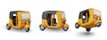 Realistic yellow auto rickshaw car in different positions. Set of isolated vector illustrations Royalty Free Stock Photo