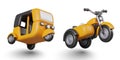 Realistic yellow auto rickshaw car, motorcycle with sidecar. Set of three wheeled vehicles Royalty Free Stock Photo