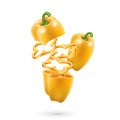Realistic bell pepper sliced flying on white background. Sweet ripe bulgarian paprika cut for salad
