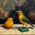 Realistic Yellow Birds In Front Of Painting With Toy Frog