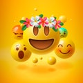 Emoticons with flower on head, summer concept, emoji with wreath flowers on head