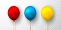 Realistic yellow, red and blue balloons on transparent background with shadow. Shine helium balloon for wedding, Birthday, parties Royalty Free Stock Photo