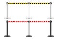 Realistic yellow and red retractable belt stanchion. Crowd control barrier posts with caution strap. Queue lines