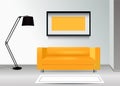 Realistic yellow sofa with floor lamp, carpet and photoframe on the wall. Interior illustration.Furniture Design Concept. Royalty Free Stock Photo