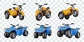 Realistic yellow tricycle with sidecar, blue quad bike. Set of isolated vector vehicles Royalty Free Stock Photo