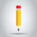 Realistic yellow wooden pencil with rubber eraser icon in flat style. Highlighter vector illustration on white background. Royalty Free Stock Photo