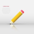 Realistic yellow wooden pencil with rubber eraser icon in flat style. Highlighter vector illustration on white isolated background Royalty Free Stock Photo