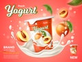 Realistic yogurt poster. Milk probiotic product advertising banner. Peach fermented dessert. Natural healthy fruit dairy