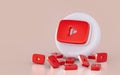 Realistic youtube sign icon on the white glossy background 3d render concpet