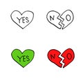 Reality of relationship. Yes or no, choise. Concept of traffic light, broken heart, depression, online communication, chat button