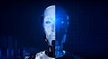 Reality robot face on cityscape and a half transparent face, front view, on digital binary code on blue network background. Royalty Free Stock Photo