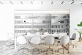 Realized from sketch modern conference room interior design with white meeting table and chairs around on wooden floor on light Royalty Free Stock Photo