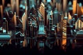 Abstract Futuristic City made of metal with gold and blue highlights, reflecting off the water (Generative AI)