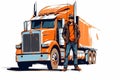 Simplified Vector Graphic Illustration of a truck driver standing in front of his big rig (Generative AI)