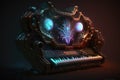 Old piano on a dark background in neon light