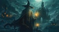 Mystical Wizardry A Captivating Image of a Dark Fantasy Wizard in Proximity to an Enigmatic Castle in Ultra High Quality