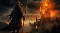 Mystical Wizardry A Captivating Image of a Dark Fantasy Wizard in Proximity to an Enigmatic Castle in Ultra High Quality