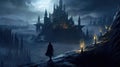 Mystical Wizardry A Captivating Image of a Dark Fantasy Wizard in Proximity to an Enigmatic Castle in Ultra High Quality