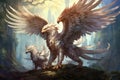 Loyal griffins, majestic creatures with the body of a lion and the wings of an eagle - Generative AI