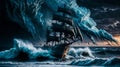 Realm of fantasy a mighty pirate ship battles against towering ocean waves amidst a tempestuous storm, defying the forces of Royalty Free Stock Photo