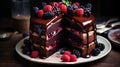 A decadent chocolate cake with layers of rich ganache and berries on top