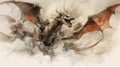 Generative AI, Stormy Skies: Epic Aerial Battle of Dragons in Watercolor