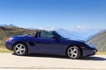 Blue roadster Porsche Boxster 986 and panorama with mountains at Furka Pass road