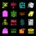 Realtor, agency neon icons in set collection for design. Buying and selling real estate vector symbol stock web