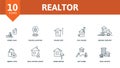 Realtor icon set. Contains editable icons real estate theme such as home loan, house size, moving service and more. Royalty Free Stock Photo