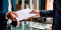 A realtor presenting a title deed to a new homeowner, symbolizing the official transfer of ownership.