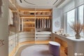 Ream style cloakroom space with large wardrobe, light purple and light bronze, organic form, soft color tones AI Generated