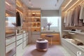 Ream style cloakroom space with large wardrobe, light purple and light bronze, organic form, soft color tones AI Generated