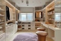 Ream style cloakroom space with large wardrobe, light purple and light bronze, organic form, soft color tones AI Generated