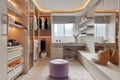 Ream style cloakroom space with large wardrobe, light purple and light bronze, organic form, soft color tones AI Generated