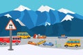 Reanimation at traffic accident place, result vector illustration. Collision car near mountain, care assistance about