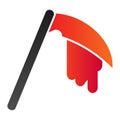 Reaper bloodied scythe flat icon. Agriculture inventory item with drop of blood. Halloween party vector design concept