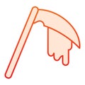 Reaper bloodied scythe flat icon. Agriculture inventory item with drop of blood. Halloween party vector design concept