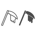 Reaper bloodied scythe line and solid icon. Agriculture inventory item with drop of blood. Halloween party vector design