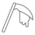 Reaper bloodied scythe thin line icon. Agriculture inventory item with drop of blood. Halloween party vector design
