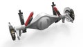 Rear axle assembly with suspension and brakes. Red dampers. 3d illustration.