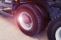 Rear axle of the truck with new tires. Radial tubeless tires