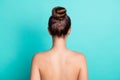 Rear back behind view portrait of attractive girl fresh pure skin bath shower over bright teal turquoise color