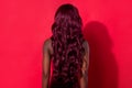 Rear back view photo of young african woman incognito anonym hairdo over red color background