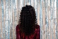 Rear behind portrait of young person demonstrate healthy hair isolated on shiny curtain decoration background