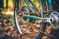 Rear bicycle wheel close-up against autumn leaves. Generative AI