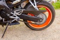 Rear chain and sprocket of motorcycle wheel Royalty Free Stock Photo
