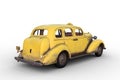 Rear corner perspective view 3D illustration of an old rusty vintage yellow taxi cab isolated on white Royalty Free Stock Photo