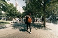 Rear of an european guy wondering around New York streets Royalty Free Stock Photo