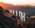 Rear Hollywood Sign on mountain at sunset in Los Angeles Royalty Free Stock Photo